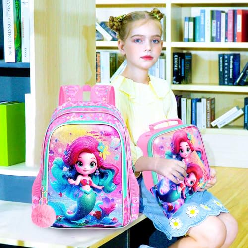 Image of CCJPX 3PCS Mermaid Backpack for Girls, 16 inchKids Preschool Bookbag with Lunch Box, Cute Water Resistant Elementary School Bag for Teen Kindergarten Toddler