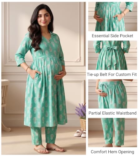 Image of DUMMY SHAPE Maternity Dresses for Women Cotton | Floral Kurta Pant Dupatta Set with Nursing Zippers, Side Pocket | Pre & Post Pregnancy | Feeding Kurti Suit | Baby Shower | Gifts for Pregnant Woman