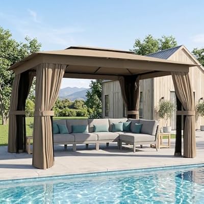 Outsunny 10' x 12' Outdoor Patio Gazebo, Heavy Duty Gazebo Canopy Shelter with Double Roof, Curtains, Netting, Steel Frame, UPF30+ Protection, Ceiling Hooks for Lawn, Backyard, Deck, Khaki
