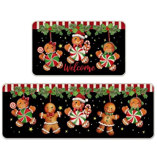 PyrrlicToy Christmas Kitchen Rugs Set, 2pcs Christmas Carpet, Non Slip and Washable Santa Snowflakes Door Mat,Standing Floor Mat Xmas Mats for Bedroom, Living Room, Hallway(40x60+40×120cm)