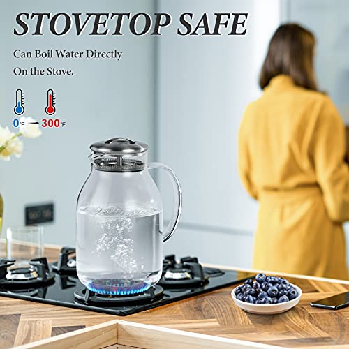 Hiware Glass Pitcher With Lid And Spout - 68 Oz Water Pitcher For Hot/Cold Water & Iced Tea, 18/8 Stainless Steel Lid, High Heat Resistance, 100% Lead-Free #TOP3