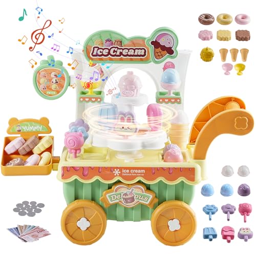 VEVOR Carrito de Helados para Niños, Camión de Helados Educativo Montessori 435 x 180 x 360 mm con 27 Accesorios, Dinero de Juguete, Efectos de Luz y Sonido para Niños de 3 Años en Adelante, Verde