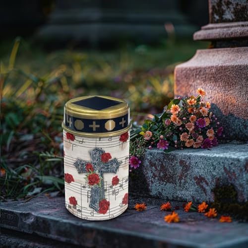 Image of Cross Rose Solar Light Waterproof Solar Garden Lights Outdoor Solar Lights for Cemetery Landscape Path Lights Flamesless Candle Outdoor Solar Light Memorial Light