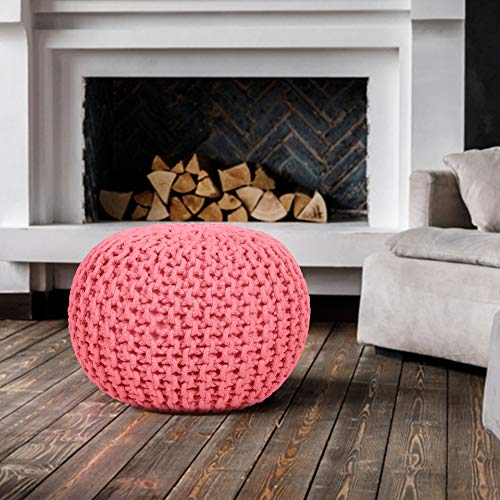 EHC Cotton Round Handmade Double Knitted Foot Stool Braided Cushion Pouffe, 40 x 40 x 30cm - Blush Pink