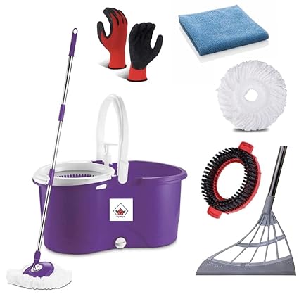 UpWipe Exclusive Complete Cleaning Package of Bucket | Mop Stick | Gloves| Cleaning Cloth | Spin Mop Refill | Magic Broom Wiper | Spin Scrubbing Mop (Combo Pack of 7 ) Free Spray Bottle