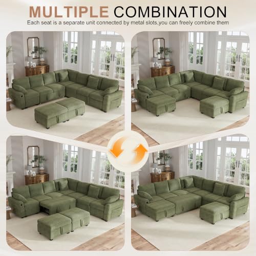 Image of Hanherry 106 inch Sectional Sofa with Pull Out Couch Bed,7 Seat Corduroy Sleeper Sofa with 2 Seat Storage & USB Charging,Storage Ottoman,Comfy Modular Couches for Living Room,Apartment