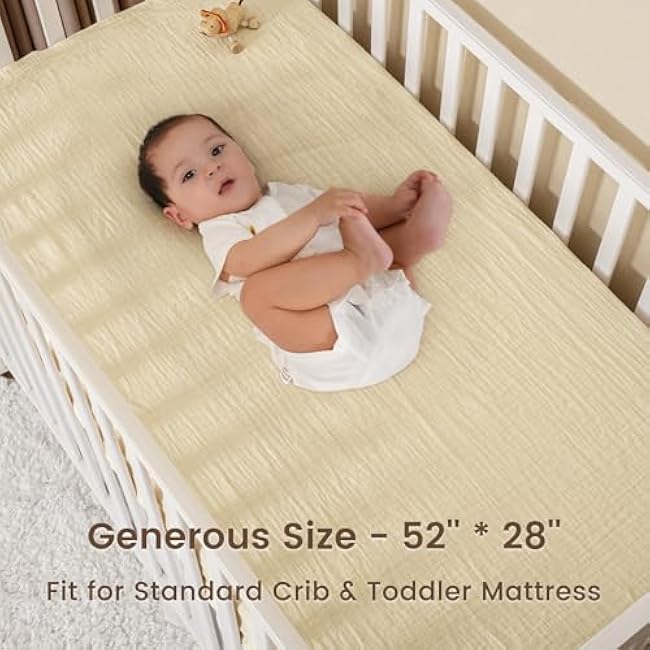david's kids Muslin Crib Sheets for Boys Girls, 2 Pack 100% Cotton Soft Breathable Fitted Baby Sheet Set, 28x52 Inch Fits Standard Crib and Toddler Mattresses, Beige & Ginger