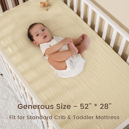 Image of david's kids Muslin Crib Sheets for Boys Girls, 2 Pack 100% Cotton Soft Breathable Fitted Baby Sheet Set, 28x52 Inch Fits Standard Crib and Toddler Mattresses, Beige & Green