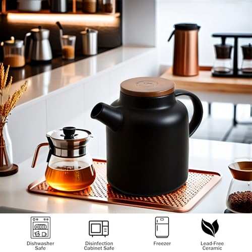 Image of Yundu 1500ml / 50 oz Ceramic Teapot with Infuser & Wood Lid - Matte Black, Loose Leaf Tea Pot with Removable Strainer, Large Capacity