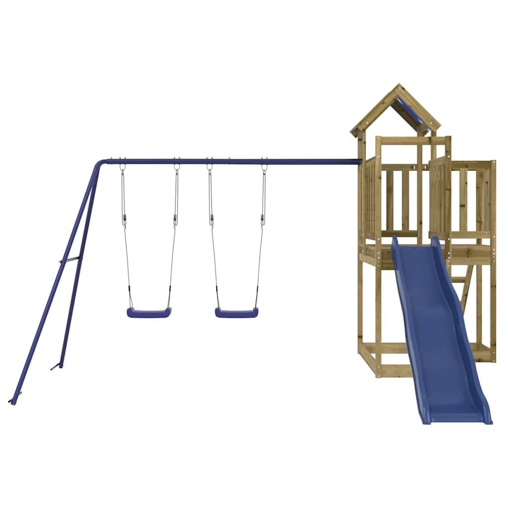 Torre da gioco in legno di pino impregnato con scivolo ondulato e doppia altalena per giardino, casetta giochi per esterni con sabbiera, struttura da arrampicata, scala, altalena