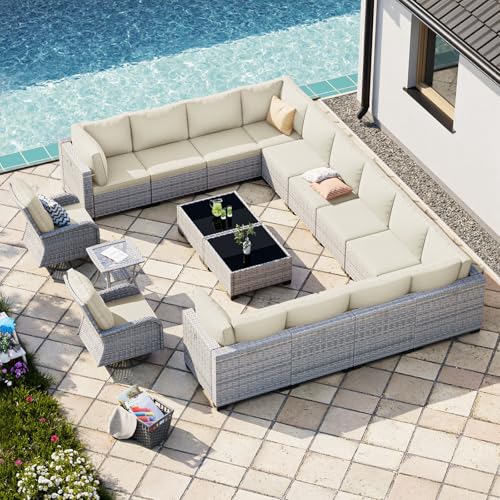 Image of Outdoor PE Wicker Rattan Modular Patio Sectional Sofa Set | 17-Piece: 12 Modular Seats, 2 Coffee Tables, 2 Swivel Rocking Chairs & Side Table, Ivory
