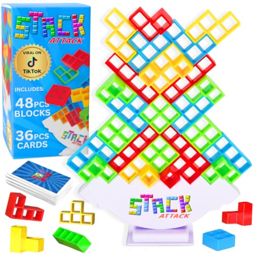 Image of Stack Attack Tower Game, Fun Balance Games for Kids & Adults, Family Game Night Building Block and Stacking Gifts, Includes 48 Pcs & 36 Cards, Novelty Toy Gift