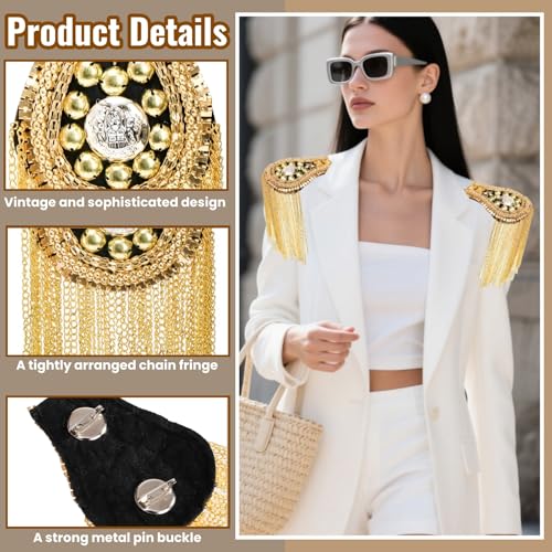 4 Pieces Tassel Shoulder Epaulettes, Metal Gold Fringe Shoulder Pads with Pins, Shoulder Boards Badge Beads Punk Fringe Epaulet for Jacket, Suit, Uniform Accessories3