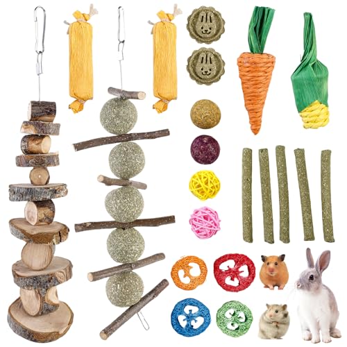 BAIFULAI Lot de 21 jouets à mâcher pour lapin et petits animaux, avec bâtonnets de pomme et timothy foin, soins dentaires