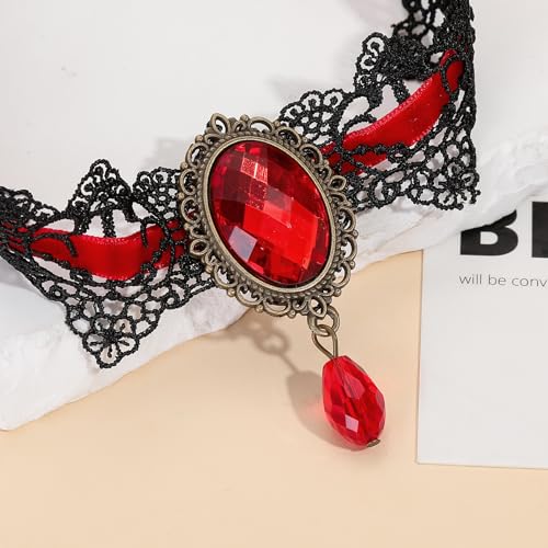 Red Choker, Halloween Vampire Lace Choker Necklace for Women, Vintage Royal Court Gothic Jewelry for Halloween Costumes, Rhinestone Choker, N03C4