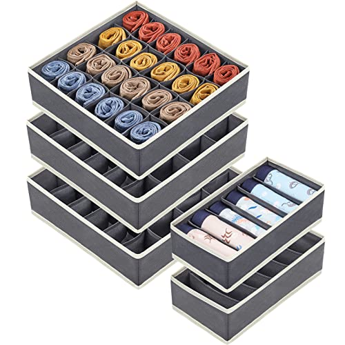 Image of 5 Pack Sock Underwear Organizer Drawer Dividers, 88 Cell Foldable Fabric Dresser Closet Organizers Bins, Bedroom Cabinet Organization and Storage Box for Baby Clothes, Undies, Ties - Dark Grey