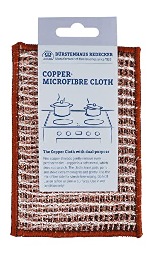Redecker 2-Ply Woven Copper Scrubbing Cloth & Microfiber Cleaning Wipe – Dual-Surface, Non-Scratch, Reusable & Machine Washable Real Copper Pad for Kitchen & Home