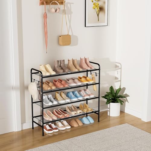 Image of VILICK 4-Tier Shoe Rack 33 inch Wide Metal Shoe Organizer Long Shoe Storage with 4 Side Hooks Sturdy Shoes Shelf for Closet, Front Door Entrance, Garage, Dorm, Black