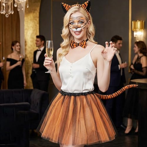 Rotamora 6Pcs Halloween Tiger Costume Set, Animal Costume Tiger Ears Headband Tail Nose Bow Tie Face Sticker Tutu Skirt Fancy Dress Up for Women Men Halloween Cosplay Party Accessories - image 3