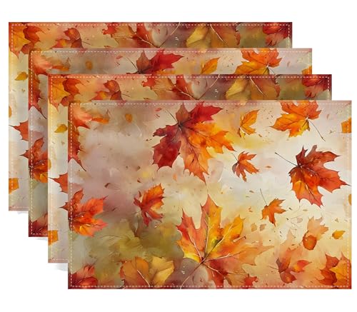 Maple Leaves Fall Placemats Set of 4 Fall Autumn Thanksgiving Harvest Festival Party Decorations and Supplies for Home Kitchen Dining Room Table-12×18''