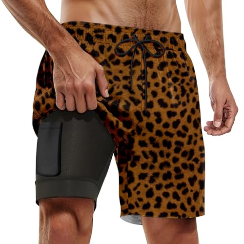 Mens Leopard Swim Trunks with Compression Liner 7'' Inseam Stretch Beach Swimming Board Shorts Bathing Suits