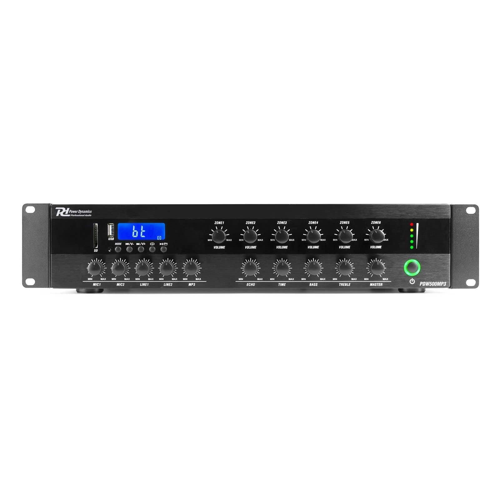 Power Dynamics PDW500MP3 Amplificateur 100V 6 Zones 500 Watts Bluetooth MP3 USB SD Radio FM XLR