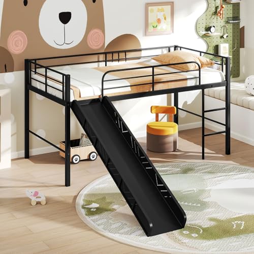 Giantex Low Loft Bed with Slide, Metal Twin Loft Bed Frame with Climbing Ladder, Guardrail & Storage Space for Kids Toddler, Black