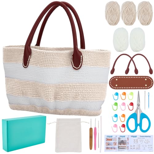 Image of ORIGACH DIY Crochet Handbag Kit for Beginners, Beige Striped Crochet Bag with PU Leather Band and Base, Include Yarn, Crochet Hooks, Markers and Instruction