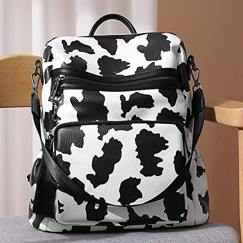 Image of CLUCI Backpack Purse for Women Fashion Leather Designer Travel Large Ladies Shoulder Bags with Tassel Milk Pattern, Black With Zebra Pattern, Large, Contemporary