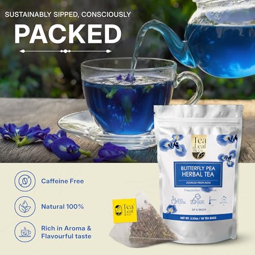 Image of Tealeaf & Co. Butterfly Pea Herbal Tea Bags Blended with Fresh Herbs - Herbal Tea with Butterfly Pea Flower - Contains Low Caffeine - Gluten Free - 50Teabags (3.52oz /100gm)