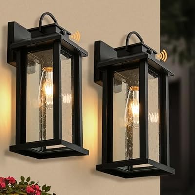 Yonaveil 2-Pack 15.5 Inch Large Dusk to Dawn Outdoor Lighting, Matte Black Porch Lights Outdoor Light Fixture with Clear Seeded Glass, Waterproof Anti-Rust Exterior Lighting Fixtures for House