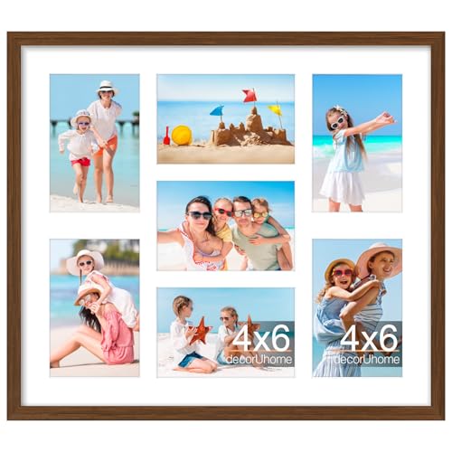 decorUhome 15x17 Picture Frames Collage Wall Decor, Display 7Pcs 4x6 Photos with Mat or 1Pcs 15x17 Unmatted, 7 4x6 Collage Picture Frames for Wall Mounting, Brown