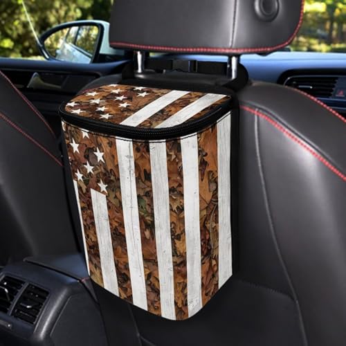 Image of Talayituse American Flag Hunting Camo Print Car Trash Can Portable Auto Garbage Bin Multifunctional Vehicle Interior Accessories with Adjustable Straps 4th of July Decor Universal Fit Truck SUV Sedan