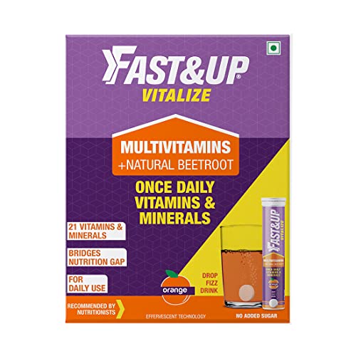 Fast&Up Vitalize - Immunity Essential Multivitamin For Men & Women (60 Effervescent Tablets, Orange Flavor) - 21 Vital Vitamins & Minerals with Vitamin C, D & Zinc For Daily Health & Immunity