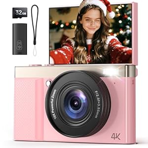 4K Digitalkamera 64MP Kinder Kamera: 16x Digitalzoom 180° Klappbar 3" IPS Bildschirm 32GB Karte für Vlog - Niedliches Rosa Geschenk für Kinder Jugendliche Anfänger und Erwachsene