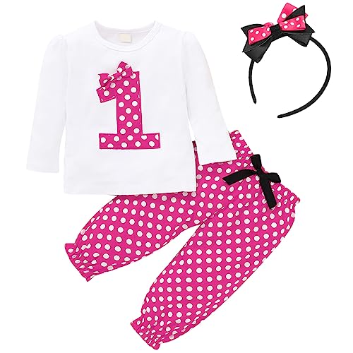 FYMNSI Baby Kleinkinder Mädchen 1. Erster Geburtstag Outfit Retro Gepunktet Baumwolle Langarm Top T Shirt Lange Hosen Stirnband 3tlg Ein Jahr Alt Fotoshooting Bekleidungsset Herbst Rose 12-18M