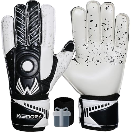 WEMORA Soccer Goalie Gloves Fingersave for Kids Youth Adults with 7.5MM Latex Palm Flexible Finger Spines Strong Grip Goalkeeper Gloves (Black, Size 4 Suitable for 6 to 9 Years Old, Ambidextrous)