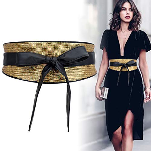 shengweiao Women's Sequin Faux Leather Self Tie Wrap Obi Waist Belt (Gold)2