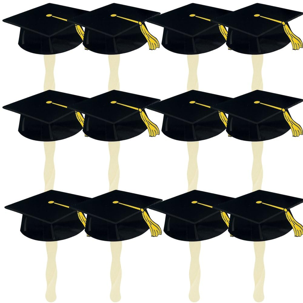 Photo 1 of Fun Express Black Grad Cap Hand Fans Bulk 12 Pack - Paper Fans Handheld for Graduation Party Favors | Paddle Fan Decor with Sturdy Handle | Small Hand Fan Kit for Kids & Adults | Manual Fan Sticks