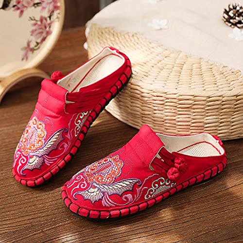 Flower Embroidered Women Canvas Espadrilles Flat Slippers Retro Ladies Comfortable Close Toe Shoes Embroidered Shoes (Color : Red Size : 5) (Red 9)
