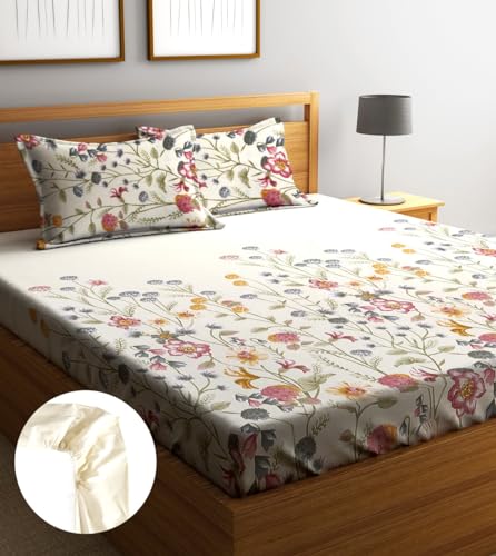 Image of Home Sizzler 210TC Garden Grace Elastic Fitted Double Bedsheet (72X78 Inch) with 2 King Size Pillow Covers