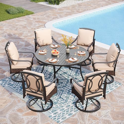 PHI VILLA Heavy Duty Outdoor Dining Set, 7-Piece Round Patio Table Set, 52" Round Dining Table with Umbrella Hole & 6 Outdoor Swivel Rocking Chairs with Thick Cushions
