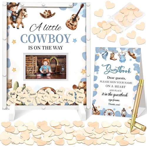 Image of Beeveer 65 Pcs Cowboy Baby Shower Guest Book Alternatives a Little Cowboy is on The Way Decorations Western Baby Shower Party Supplies Sign in Guest Book with Picture Frame and 60 Wooden Chip