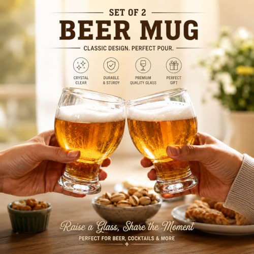 Image of WRINGO Glasses Set of 2, 350ML Glass Mug with Handle, Large Big Heavy Mugs for Freezer, Multipurpose Mugs, Dishwasher & Microwave Safe (BR-12)
