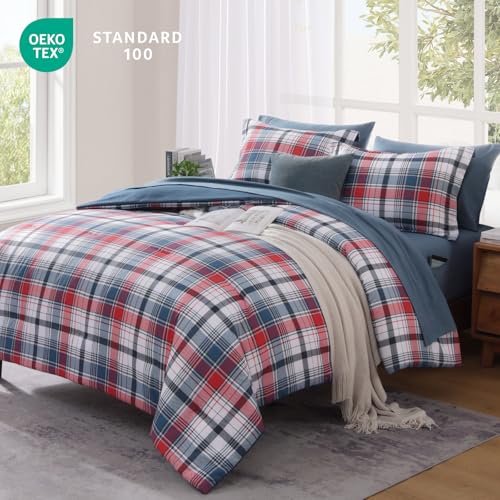 Image of MaiReve Full Size Plaid Comforter Set Navy Red, Classic 7 Pieces Farmhouse Bedding Set, All Season Lightweight Bed in A Bag with Sheets, Pillowcases & Shams