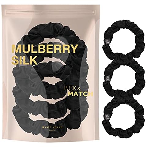 BasicSense Small 3 PCS Mulberry Pure Silk Hair Scrunchies Ponytail Tie For Women Girls, Black Cover