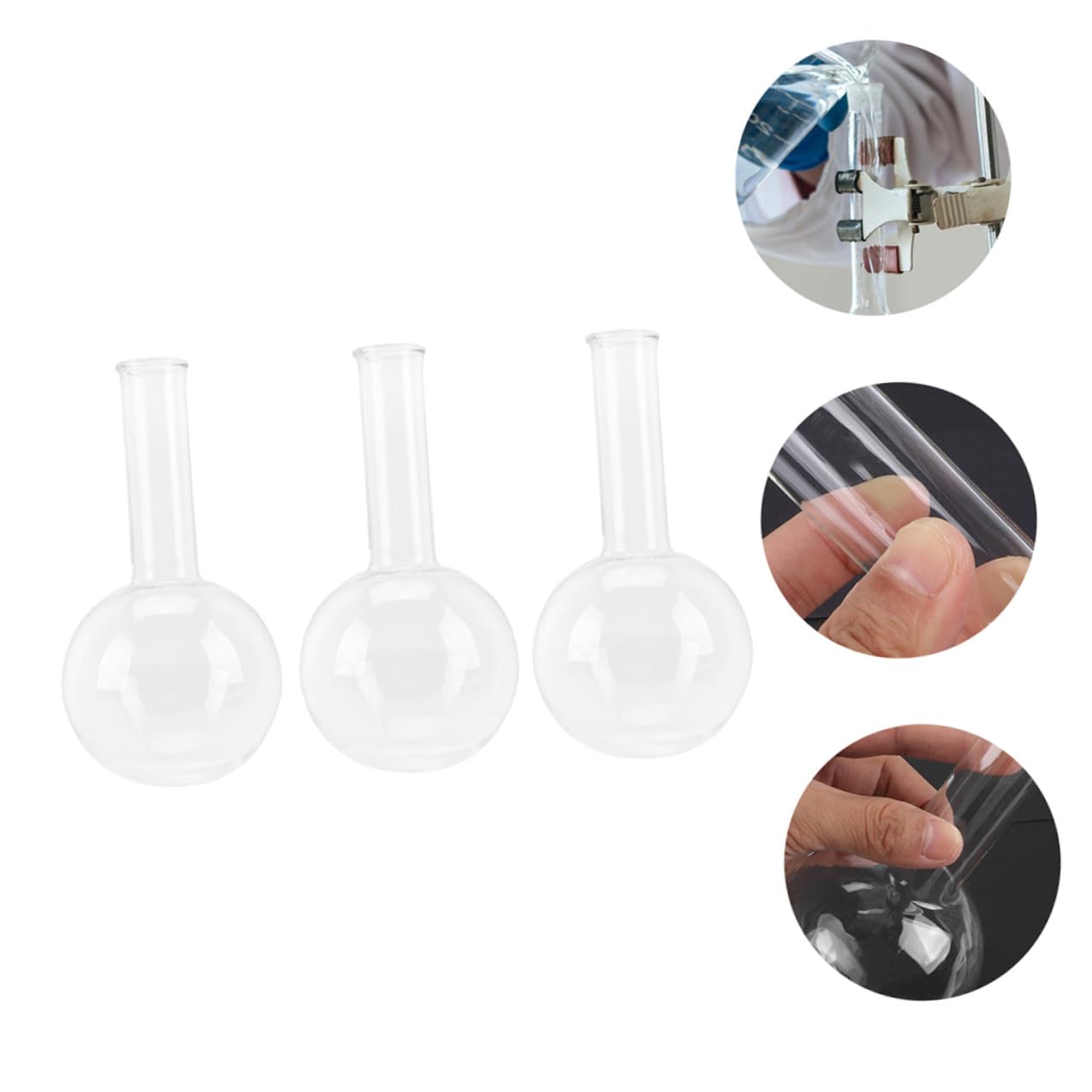 Flachboden Siedekolben mit Gleichmäßiger Wandstärke 250ml aus Glas 3 Stück und Transparenter Glasflasche für Forschung und Bildung