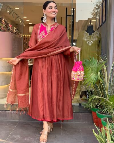 Image of GoSriKi Women's Rayon Viscose Embroidered Anarkali Kurta with Pant & Dupatta