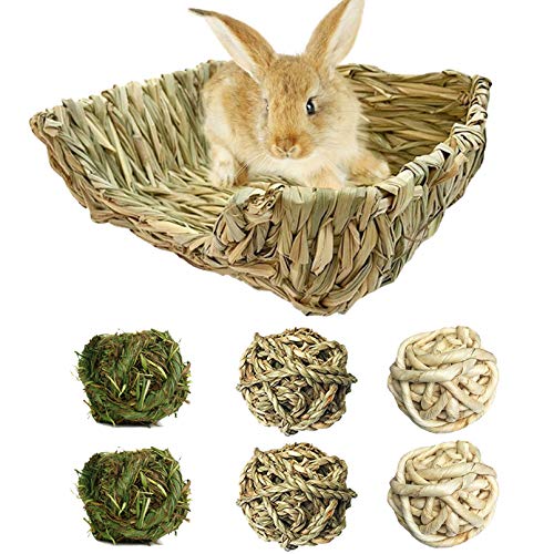 PINVNBY Bunny Grass Bed Rabbit Hay Mat Natural Handcrafted Woven Grass House Pet Bedding for Small Rabbits Hamster Bunny Chinchillas Guinea Pigs Cat and Small Animals provided Chew and Toys(L)