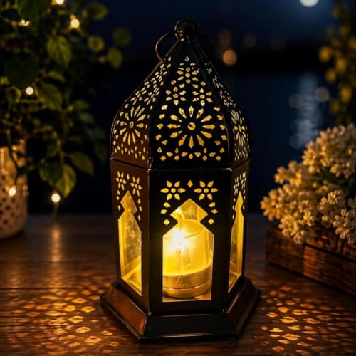 Image of Mini Metal Tea Light Lantern Set of 2 Yellow Candle Holder Home Decor | | Perfect for Living Room, Bedroom, Pooja Space, Festive Decor, Weddings, Housewarming & Gifting Ideal for Diwali, Wedding